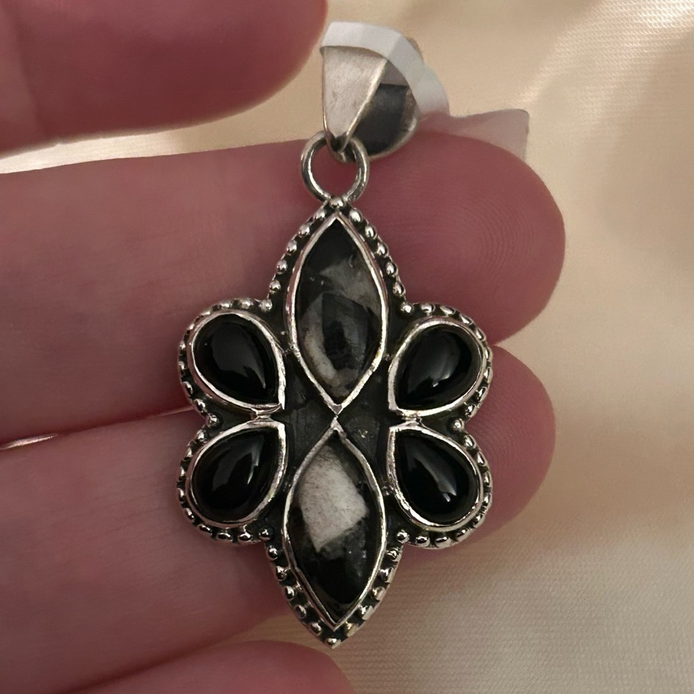 White Buffalo and Black Onyx Sterling Silver Pendant!